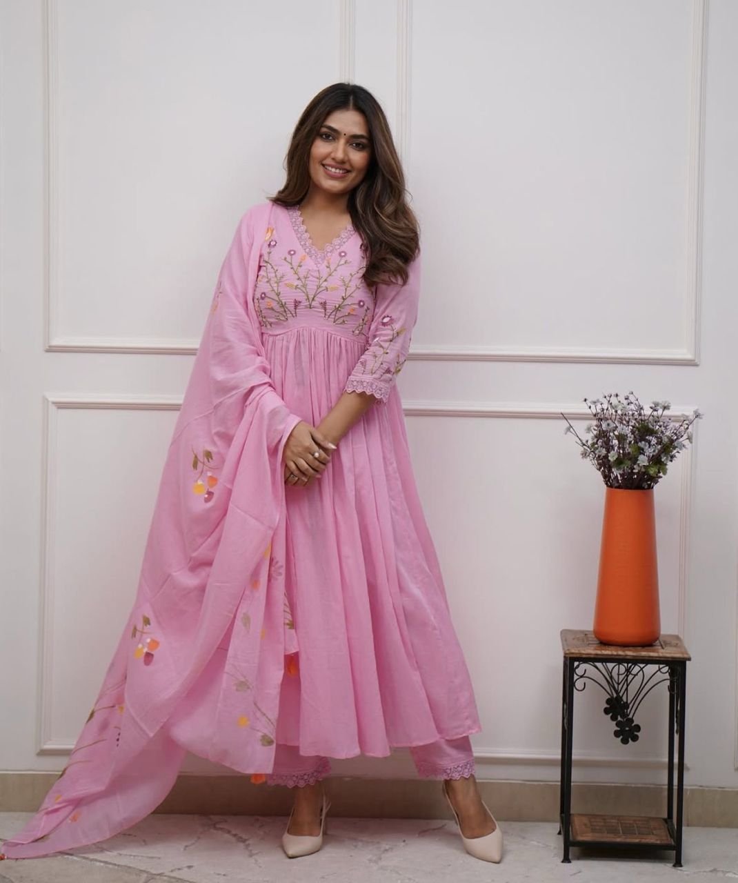 Cotton Embroidered Kurta Set with Malmal Dupatta